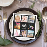 Black white name photo collage 60th birthday napkin<br><div class="desc">A napkin for a girly 60th birthday party,  celebrating her life with a collage of 8 of your photos.  Templates for a name,  age 60 and a date.  Date of birth or the date of the party.  White and grey coloured letters.  Black background.</div>