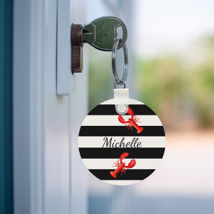 Black White nautical stripes and red lobsters Keychain