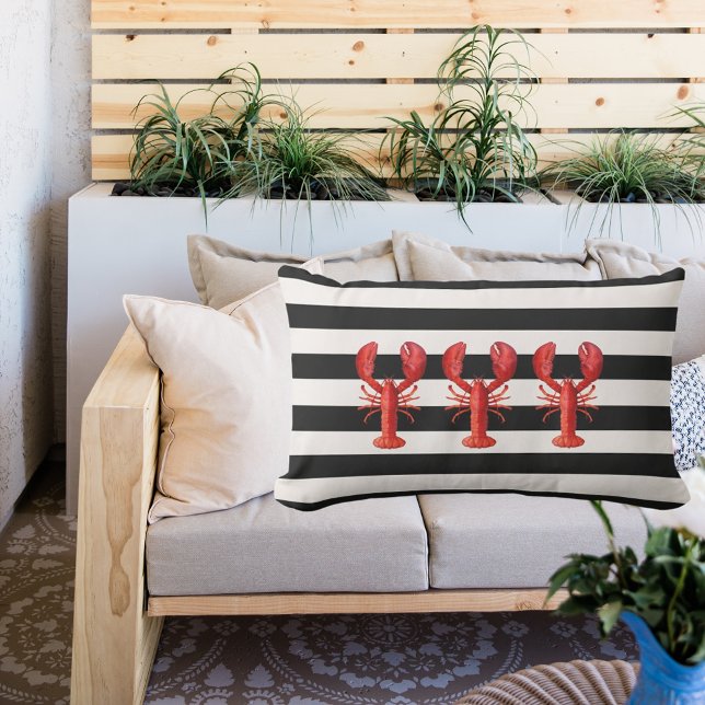 Black white nautical stripes red lobsters outdoor pillow (Creator Uploaded)