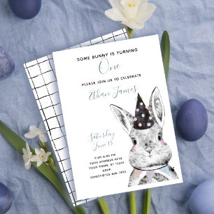 Black & White Neutral Some Bunny is One Birthday Invitation