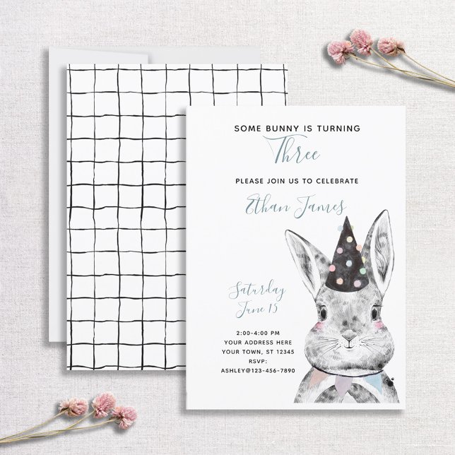 Black & White Neutral Some Bunny is Three Birthday Invitation (Creator Uploaded)