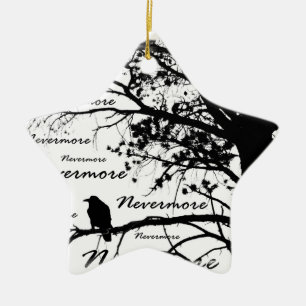 Black & White Nevermore Raven Silhouette Ceramic Ornament