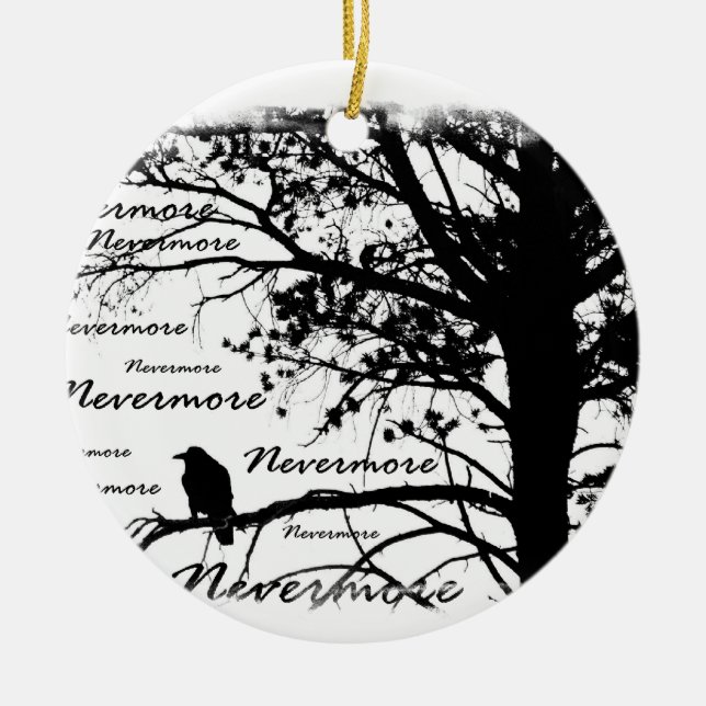 Black & White Nevermore Raven Silhouette Ceramic Ornament (Front)