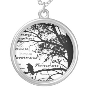 Black & White Nevermore Raven Silhouette Silver Plated Necklace