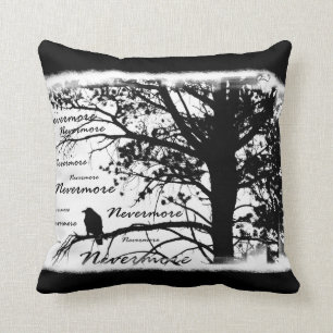 Black & White Nevermore Raven Silhouette Throw Pillow