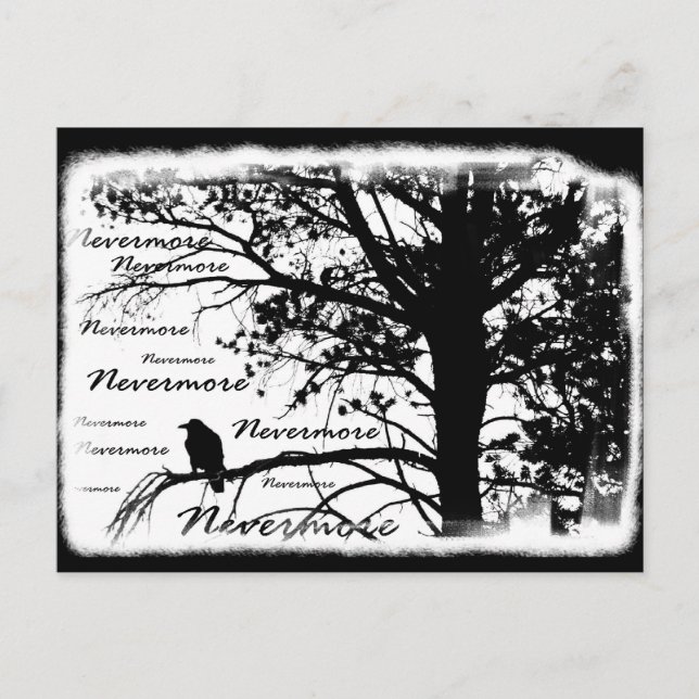 Black & White Nevermore Raven Silhouette Tree Postcard (Front)