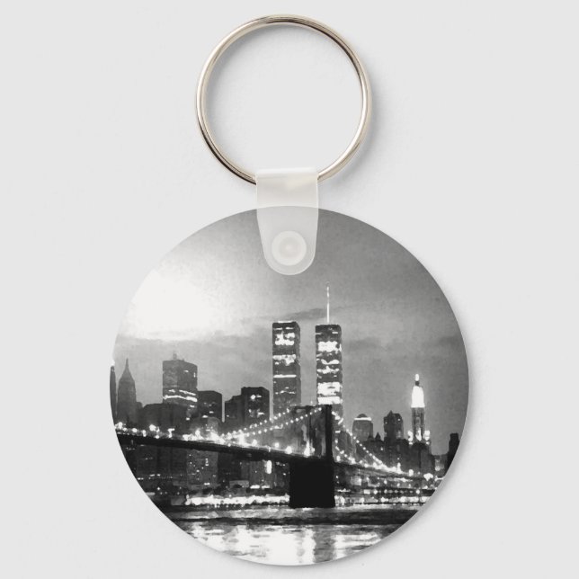 Black & White New York City at Night Keychain (Front)