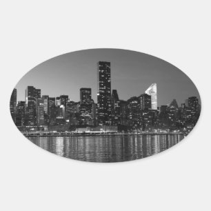 Black White New York City Skyscapers Silhouette Oval Sticker