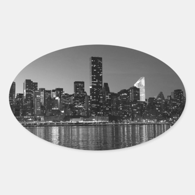Black White New York City Skyscapers Silhouette Oval Sticker (Front)