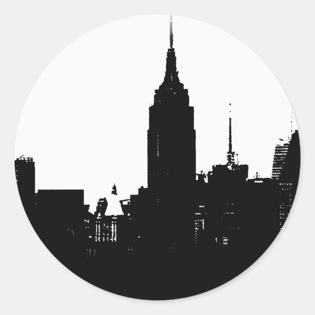Black White New York Silhouette Classic Round Sticker (Front)