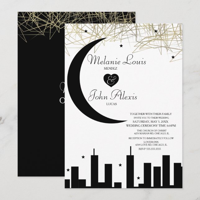 Black White Nightime Skyline Foil Wedding Invitation (Front/Back)