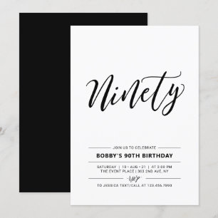 Black & White Ninety Minimal 90th Birthday Party Invitation