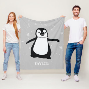 Black White Nursery Name Cute Baby Penguin Fleece Blanket