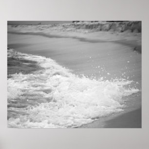 Black & White Ocean Washing Up on the Beach 16x20 Poster