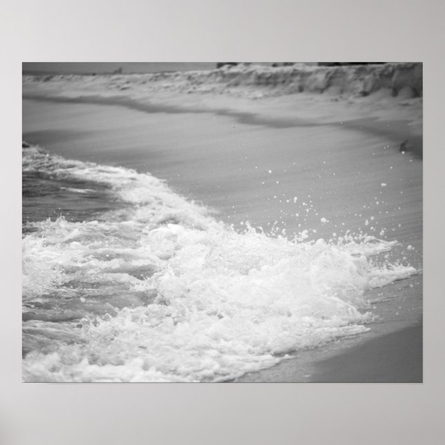 Black & White Ocean Washing Up on the Beach 16x20  Poster (Front)