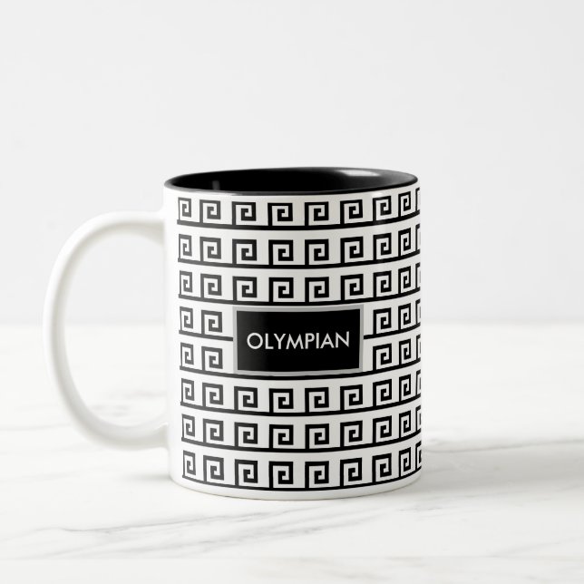 Black & White Olympian Greek Geometric Pattern Two-Tone Coffee Mug (Left)