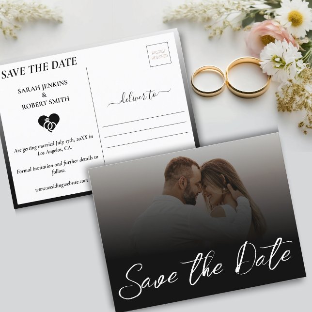 Black & White Ombre Photo Wedding Save The Date Announcement Postcard (Black & White Ombre Photo Wedding Save The Date Announcement Postcard)