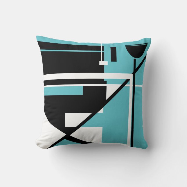 Black White on Bright Aqua Geometric Abstract Art Throw Pillow (Front)