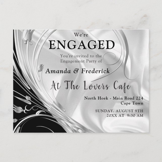 Black - White  on Champagne Silk Engagement Invitation Postcard (Front)