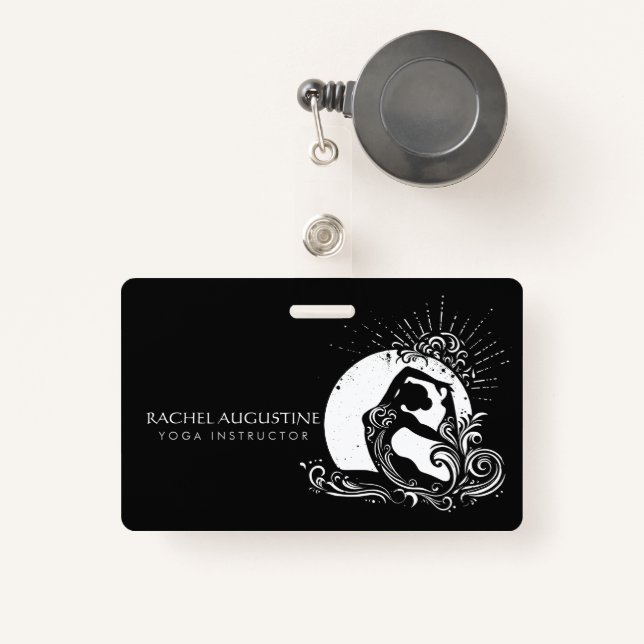 Black White One-legged King Pigeon Yoga Pose Logo Badge (Front with Retractable)