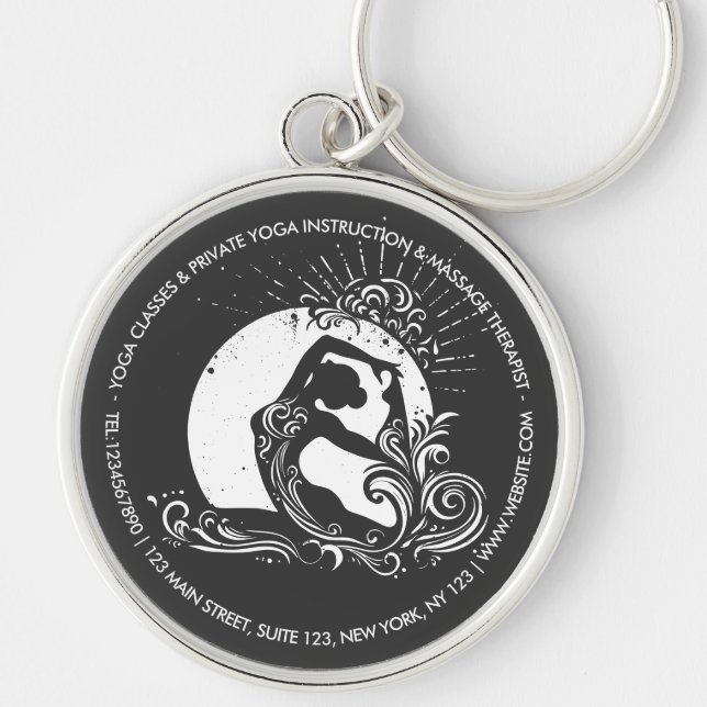 Black White One-legged King Pigeon Yoga Pose Logo Keychain (Front)