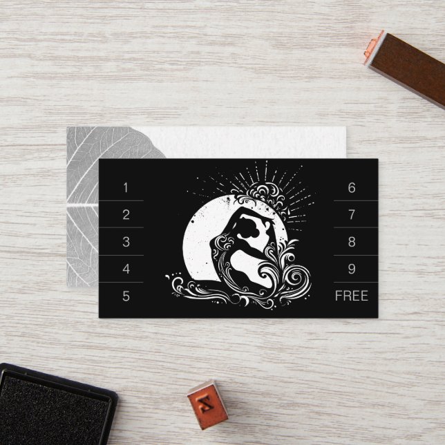 Black White One-legged King Pigeon Yoga Pose Logo Loyalty Card (Front/Back In Situ)
