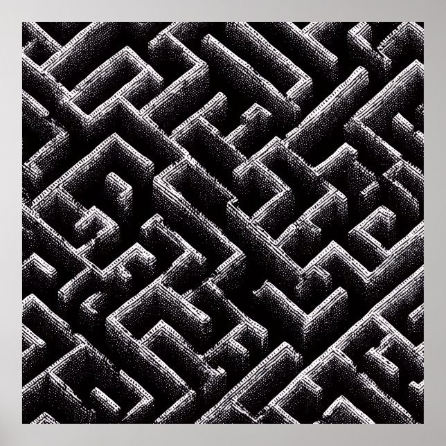 Black & White Optical Illusion Maze Pattern Art Poster (Front)