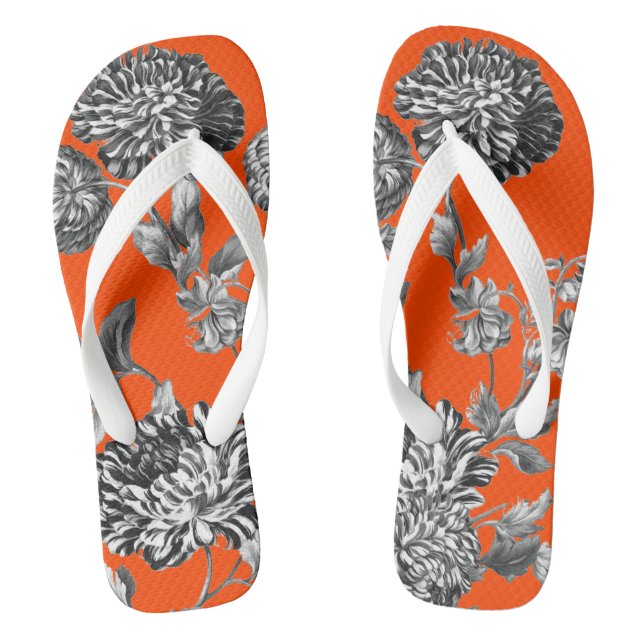 Black & White Orange Botanical Floral Toile Flip Flops (Footbed)