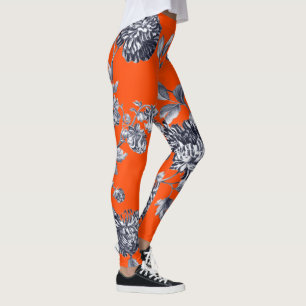 Black & White Orange Botanical Floral Toile Leggings