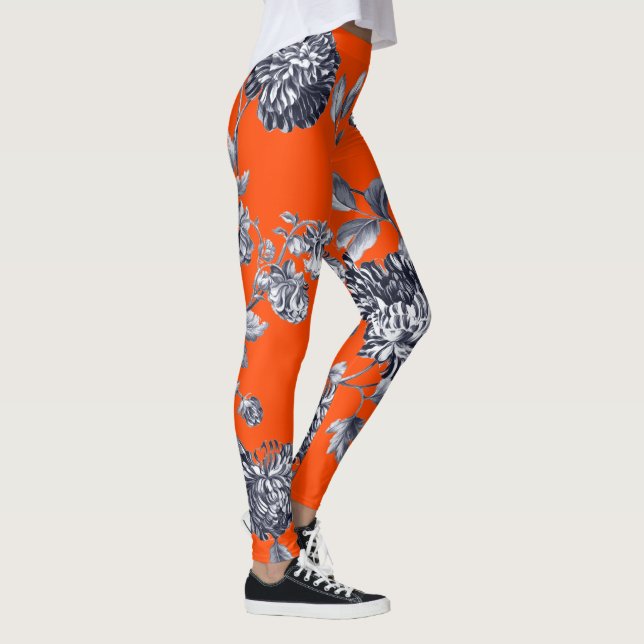 Black & White Orange Botanical Floral Toile Leggings (Right)