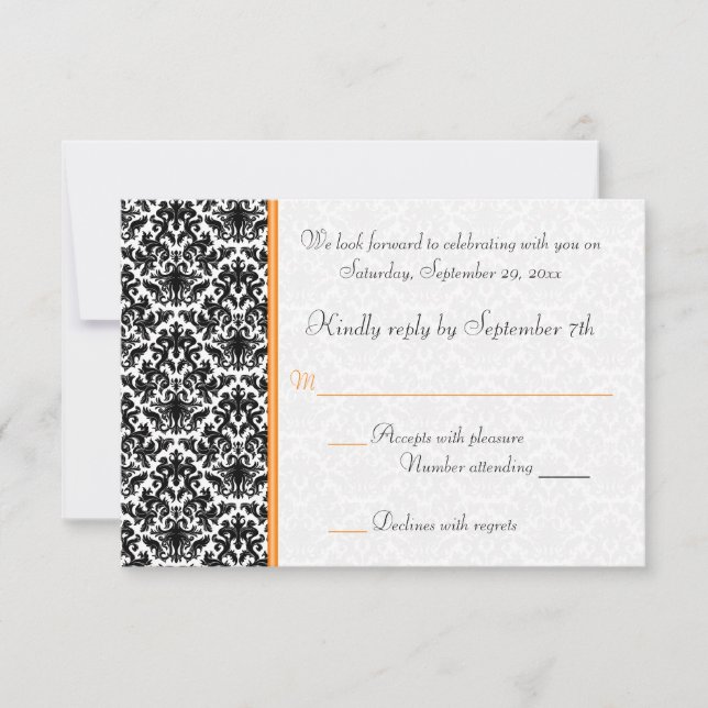 Black, White, Orange Damask RSVP Card (Front)