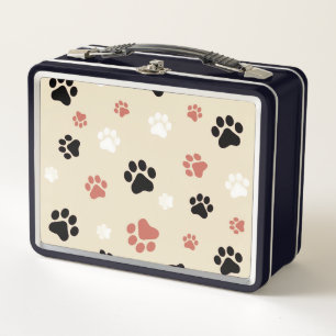 black, white & orange dog paw print metal lunchbox