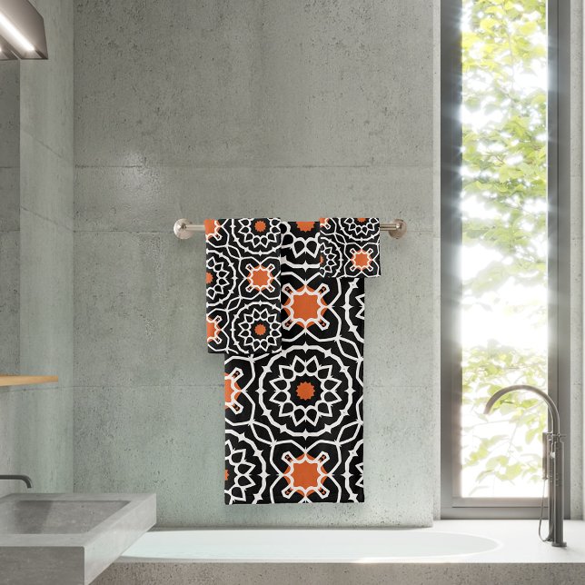 Black White Orange Moroccan Geometric Pattern Bath Towel Set (Creator Uploaded)