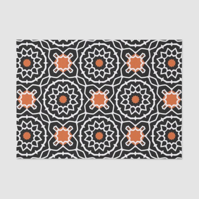 Black White Orange Moroccan Geometric Pattern Tissue Paper (Front)