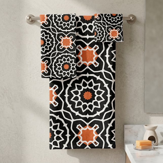 Black White Orange Moroccan Geometric Tile Pattern Bath Towel Set (Creator Uploaded)