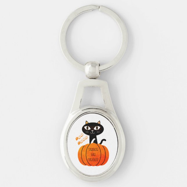Black White Orange Pumpkin Cat Cute Halloween Keychain (Front)