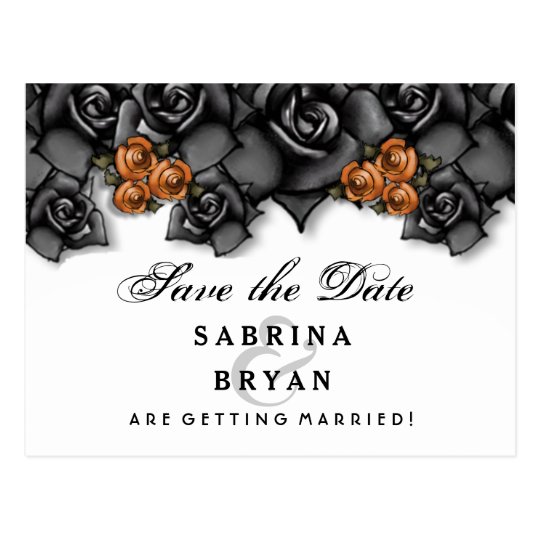 Black White Orange Roses Halloween Save Date Postcard