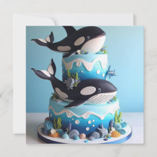  BLACK & WHITE ORCA WHALE CAKE BIRTHDAY INVITATION