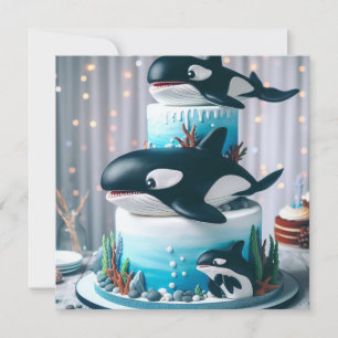  BLACK & WHITE ORCA WHALE CAKE CUTE KIDS  INVITATION