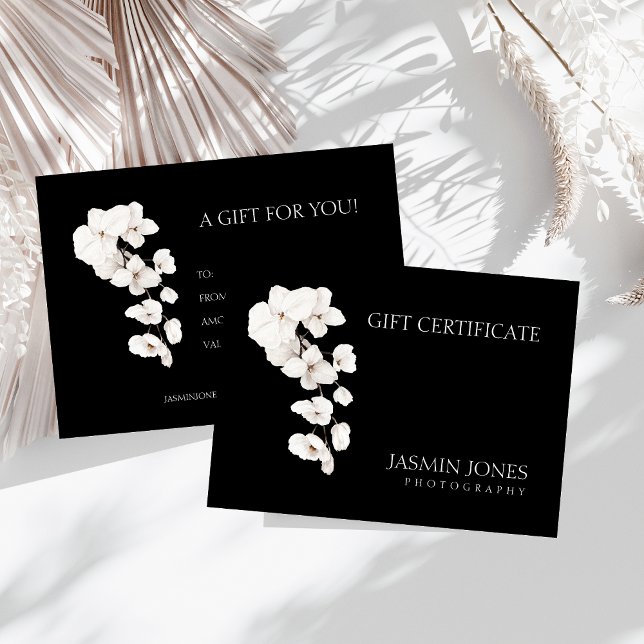 Black White Orchid Business Gift Certificate (Modern Black and White QR Code Orchids Flowers Business Gift Certificate)