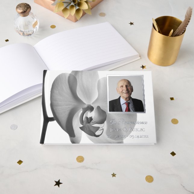 Black White Orchid Funeral Service Memorial Guest Book (Front Open)