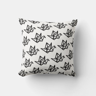 Black & White Origami Paper Crane Linocut Throw Pillow
