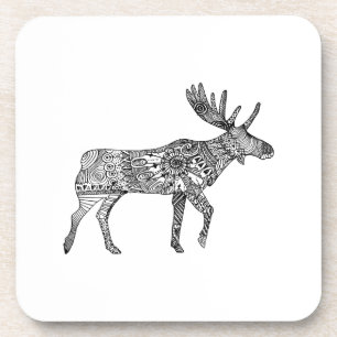 Black & White Ornamental Walking Moose Silhouette Coaster