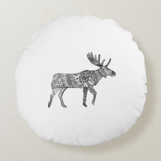 Black & White Ornamental Walking Moose Silhouette Round Pillow