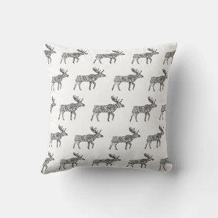 Black & White Ornamental Walking Moose Silhouette Throw Pillow