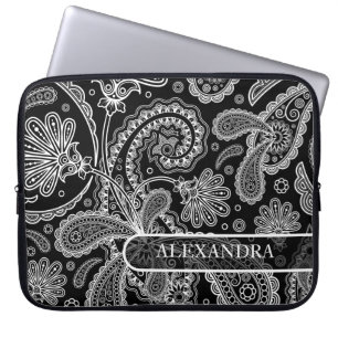 Black & White Ornate Floral paisley Pattern Laptop Sleeve