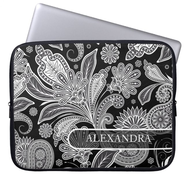 Black & White Ornate Floral  Pattern Laptop Sleeve (Front)