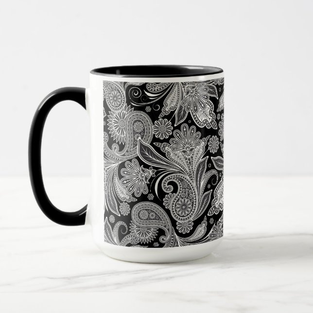 Black & White Ornate Paisley Pattern Mug (Left)