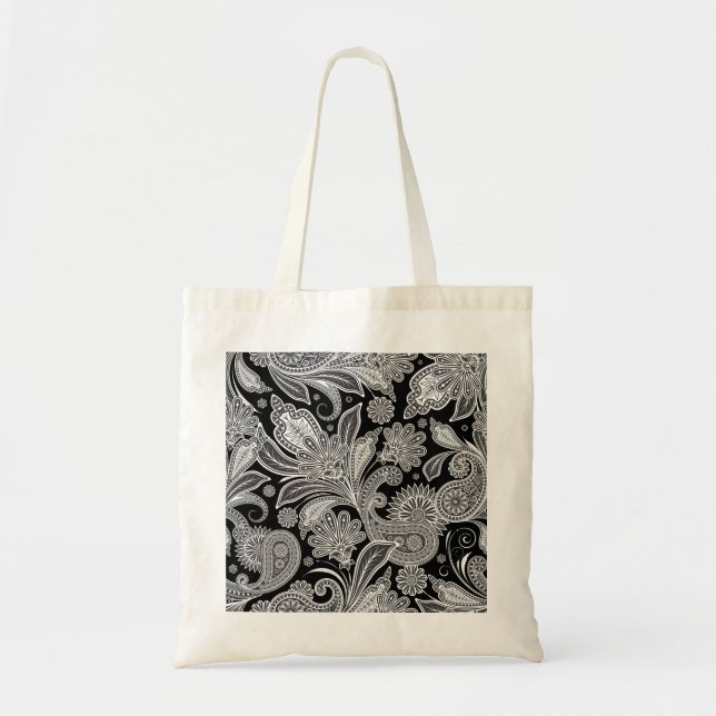 Black & White Ornate Paisley Tote Bag (Front)