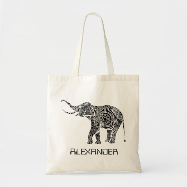 Black & White Ornate Swirls Elephant -Custom Tex Tote Bag (Front)